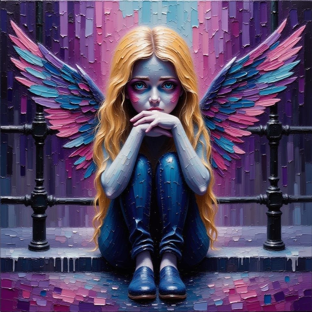 Goth Angel Girl in Mournful Oil Painting
