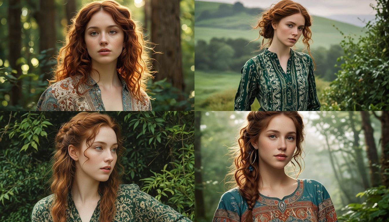 Elegant Irish Woman in Ikat Shirt and Auburn Ringlets