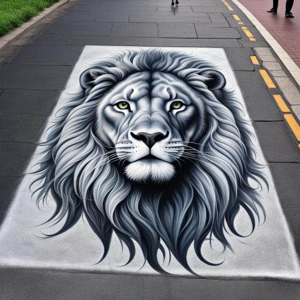 drawing on the sidewalk of an illustration of a lion made in...