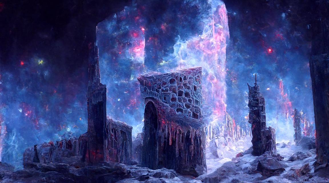 Demonic Frozen Nebula Citadel in Space Art Style
