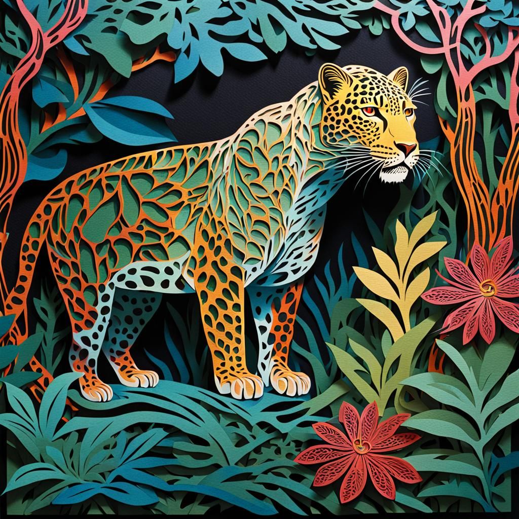 Colorful Art Nouveau Leopard in Jungle Kirigami