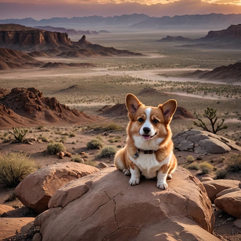 Grumpy Corgi at Desert Sunset Landscape