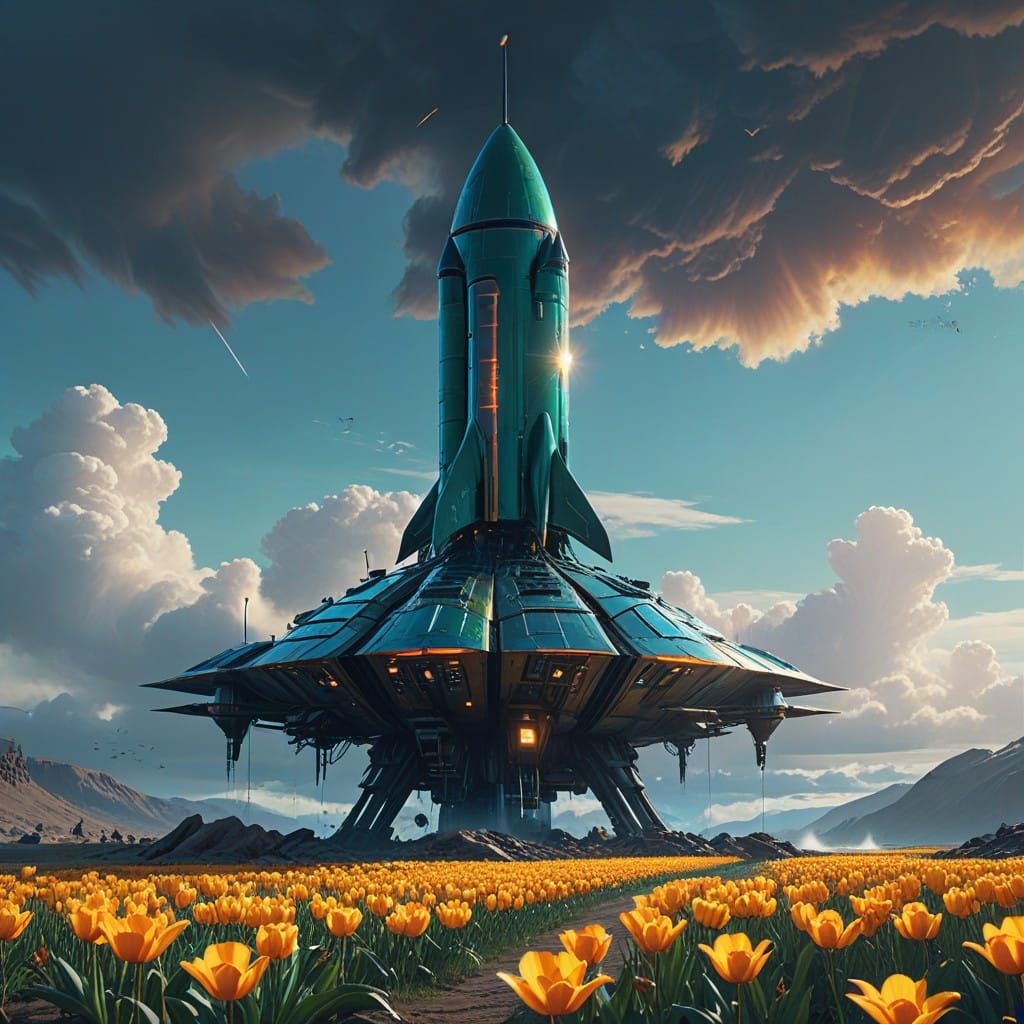 Glowing Rocket Emerges from Iridescent Tulip in Vibrant, Swi...