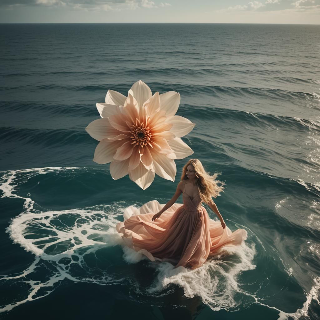 Woman in Floral Dress Floating on Ocean