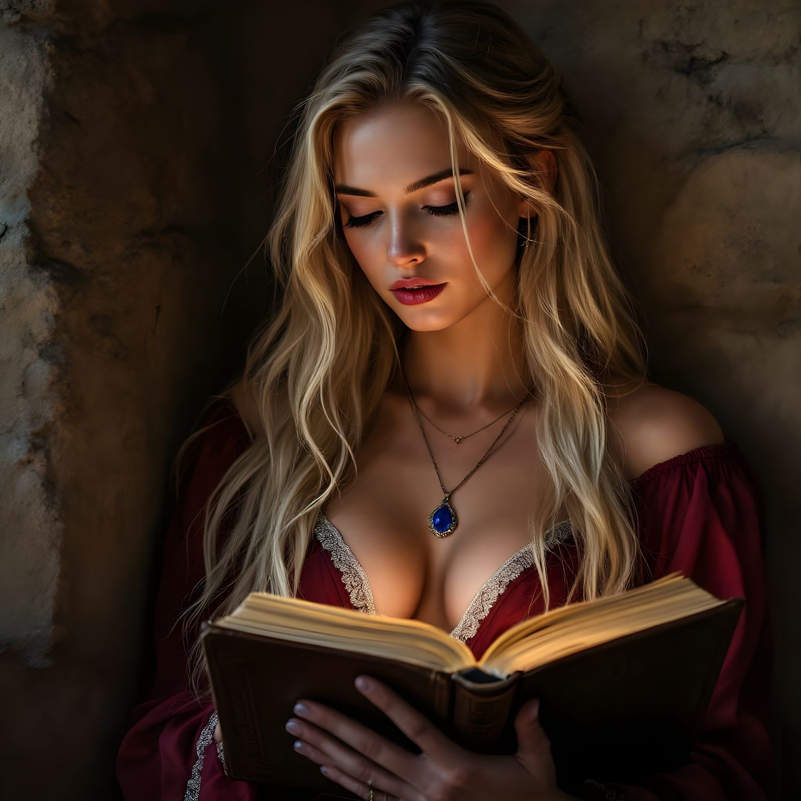 Hyperrealistic Norse Goddess Reading in Candlelight