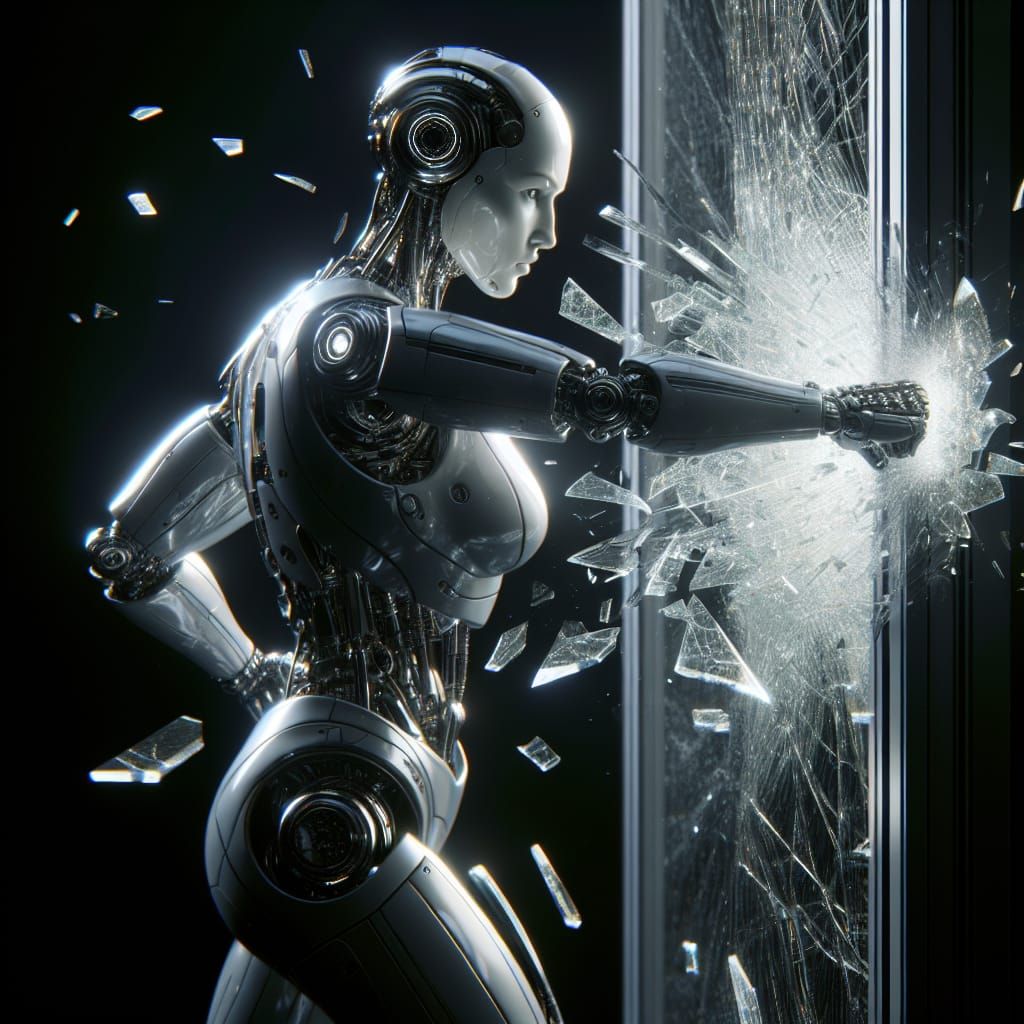 Cyborg Woman Shatters Glass Door in Hyperrealistic 3D