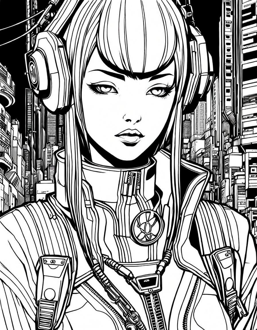 Smug Cyberpunk Girl in Manga Line Art