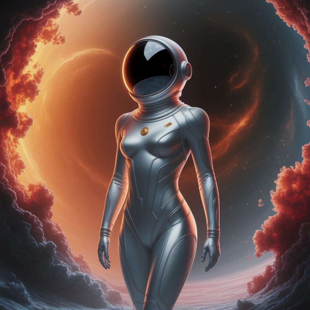 Space Woman in Luminescent Suit Amidst Nebula