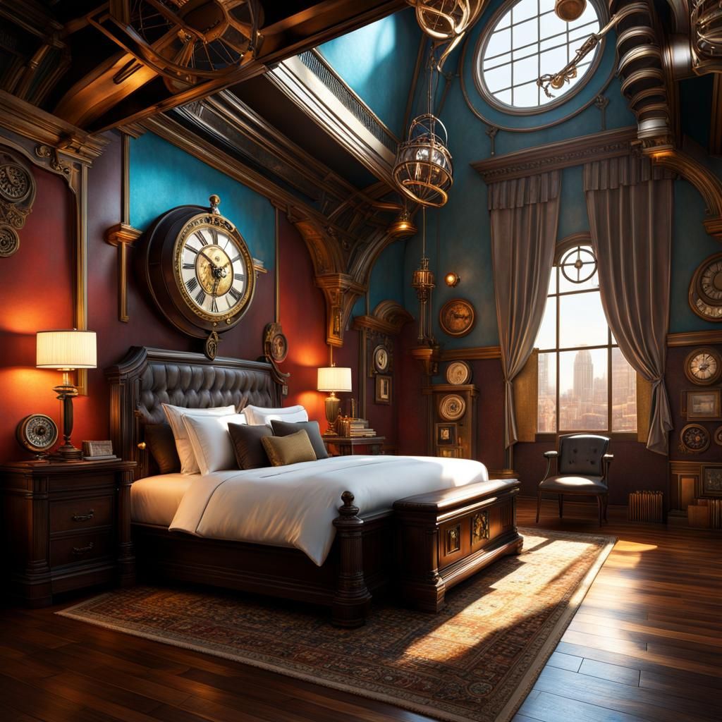 Steampunk Bedroom with High Ceiling in Splash Art Style