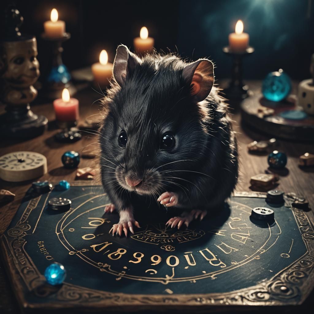 Black Hamster and Ouija Board in Cinematic Film Still