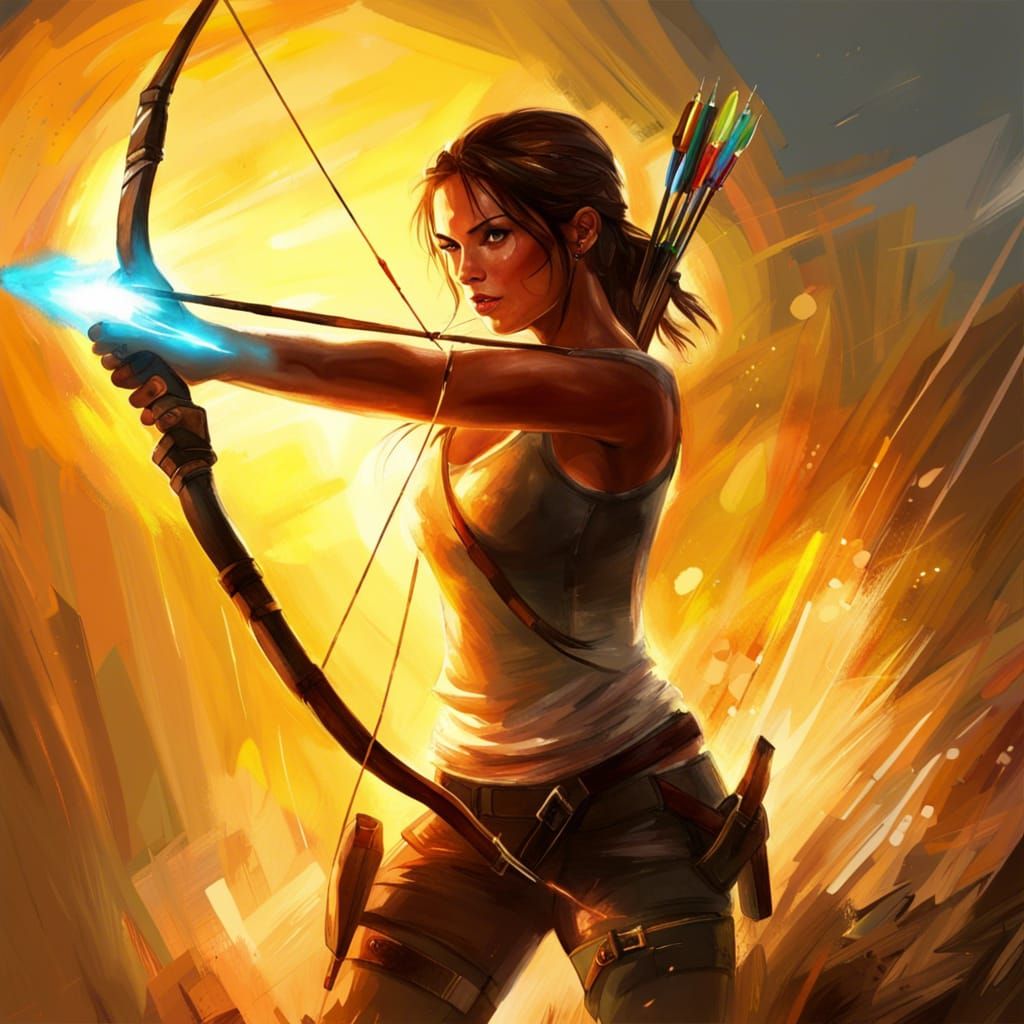 Lara Croft having a fire arrow bow in her hand and aiming at...