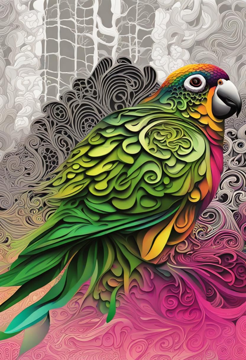 Zentangle Green-Cheeked Conure with Geometric Cat Face