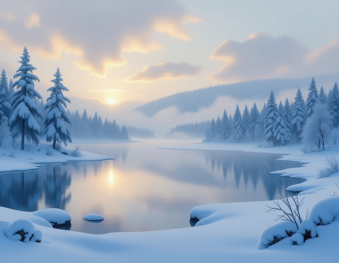 Misty Tundra Landscape with Frozen Lake and Snow Trees