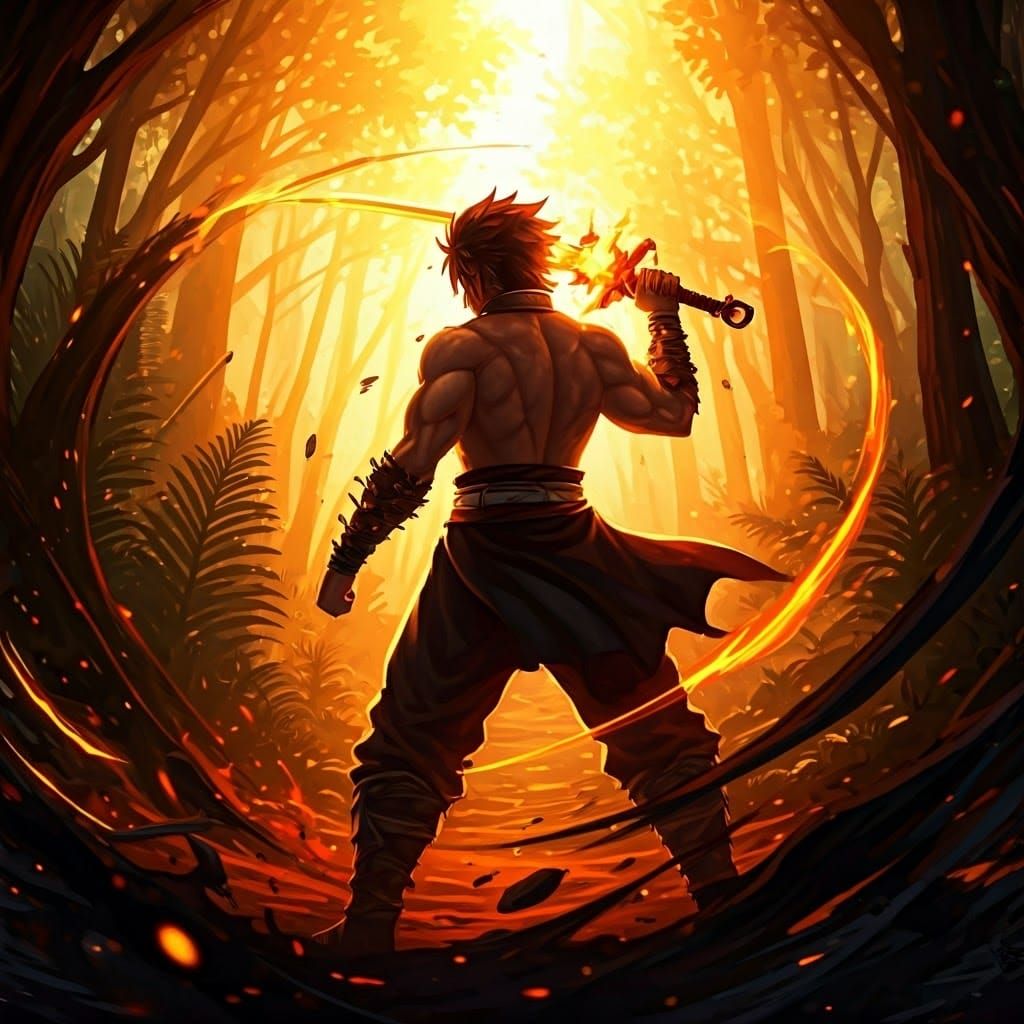 Swordsman with Fire Katana in Enchanted Forest