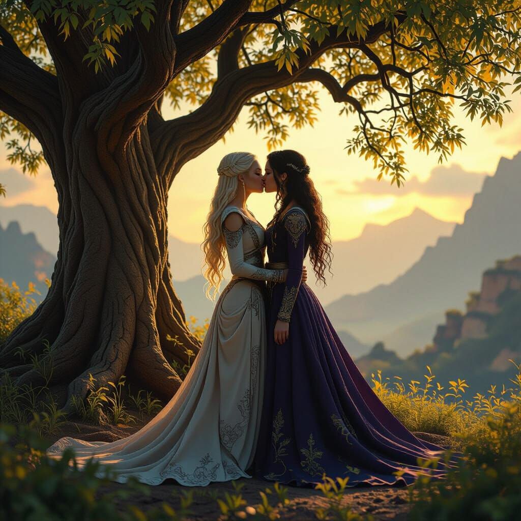 Fantasy Women Kissing Under a Majestic Tree