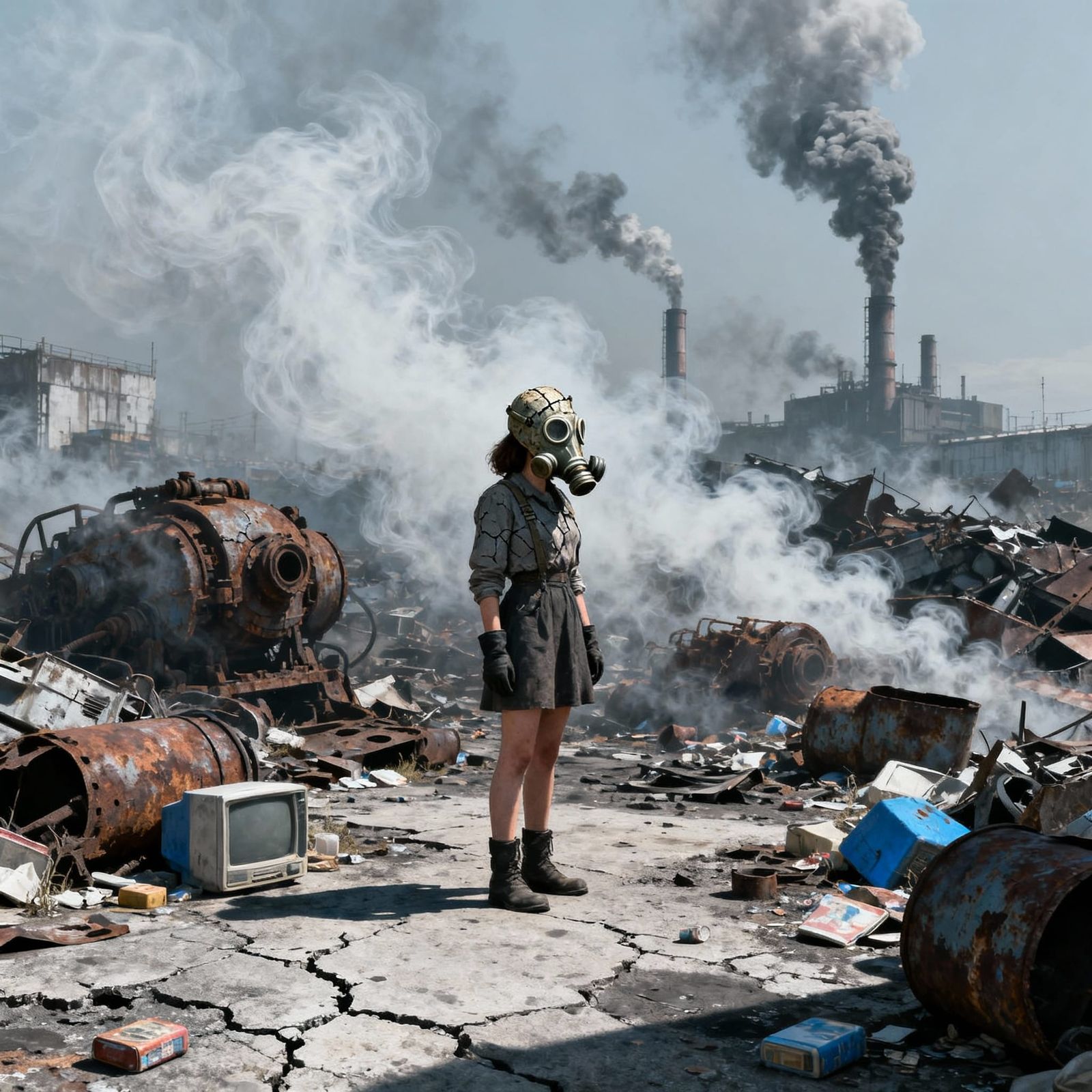 Woman in Gas Mask Amid Smog and Waste