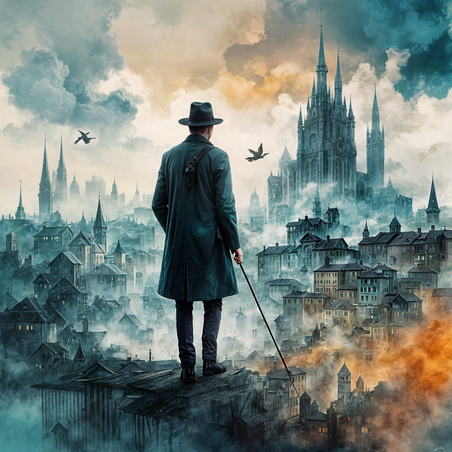 Man Walks to Cloud City, Double Exposure Art