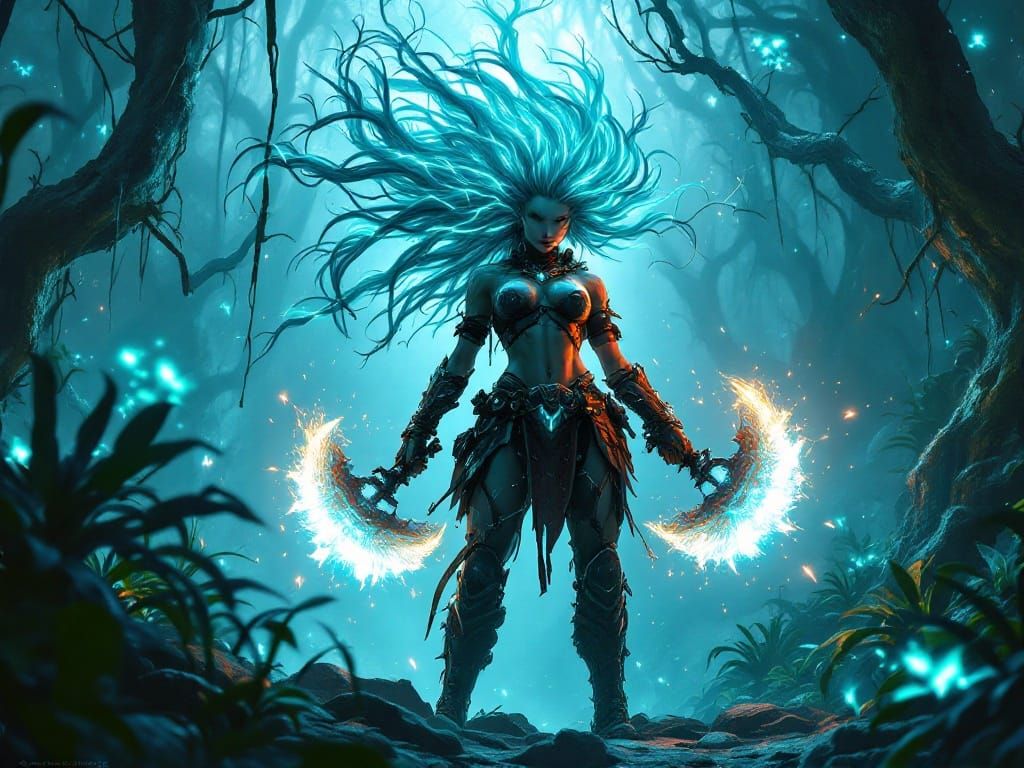 Cyberpunk Warrior in Neon Jungle