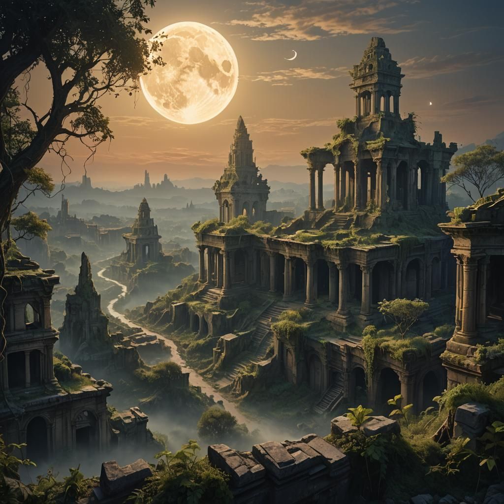 Ethereal Ruins Under Golden Hour Glow