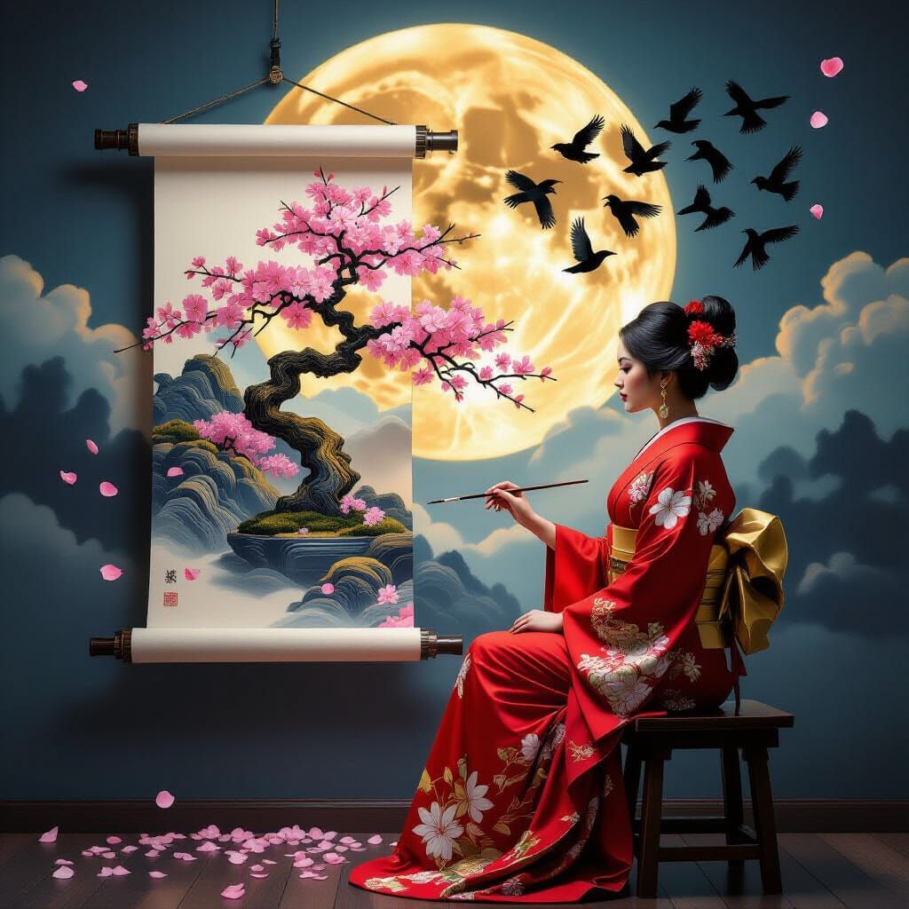 South Asian Woman Paints Cherry Blossoms Under Golden Moon