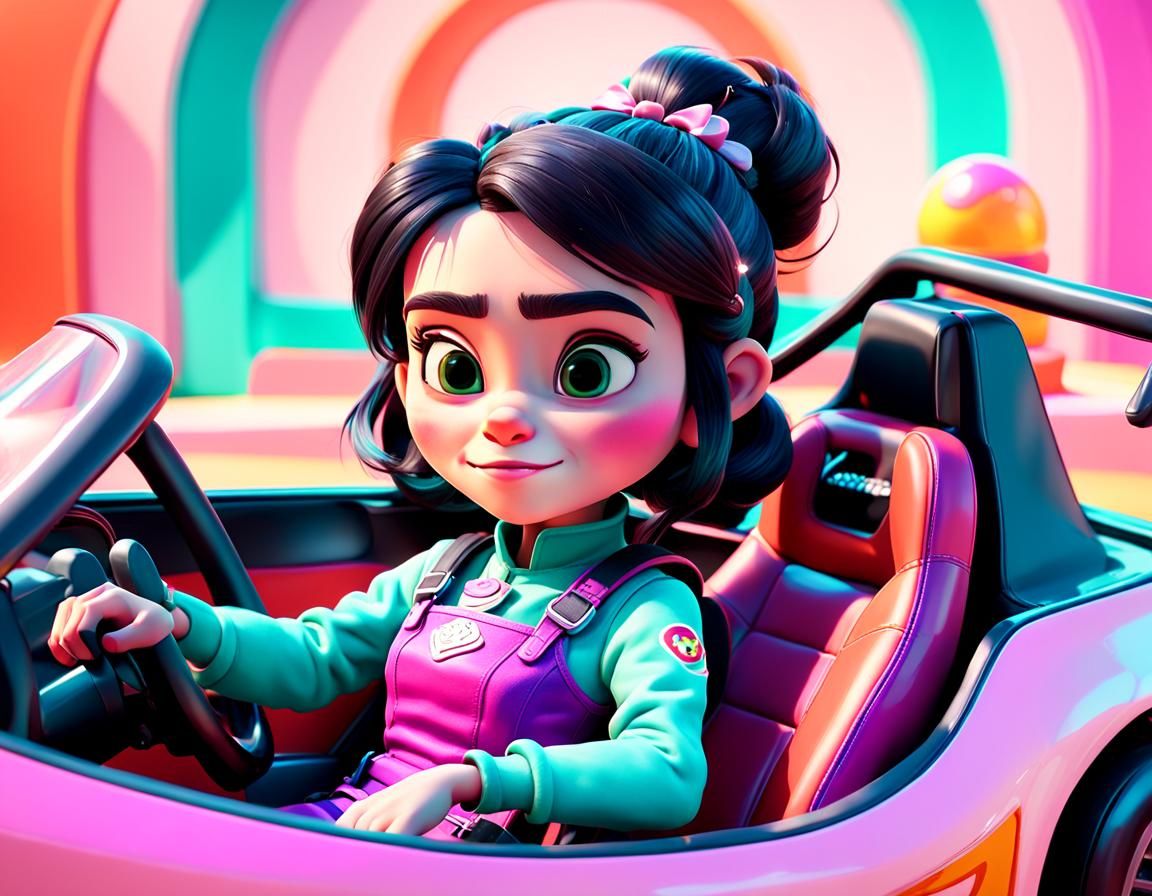 Vanellope von Schweetz set in the game world of Sugar Rush
Sitting in her racecar