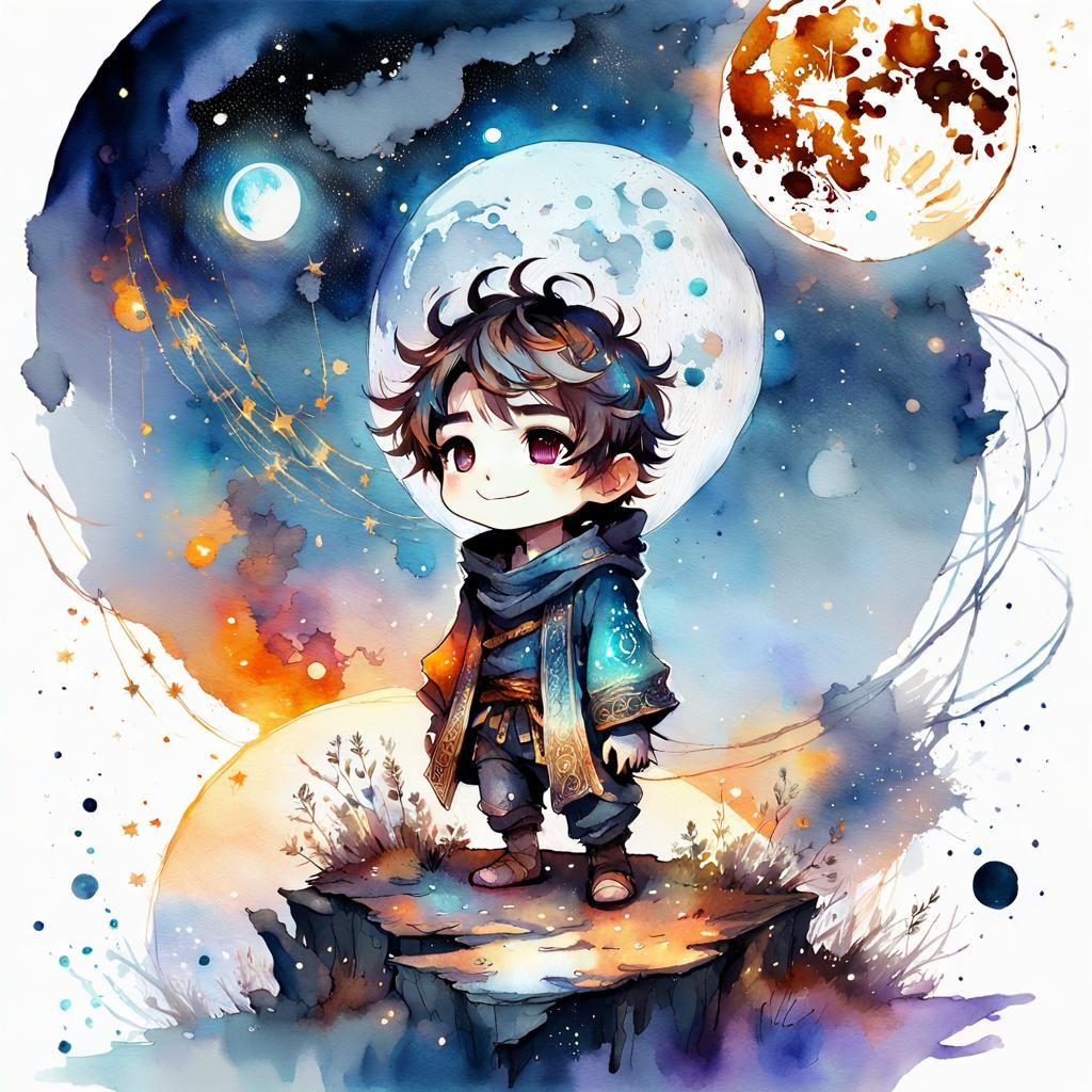 Chibi Wizard Boys Casting Spell in Watercolor Art
