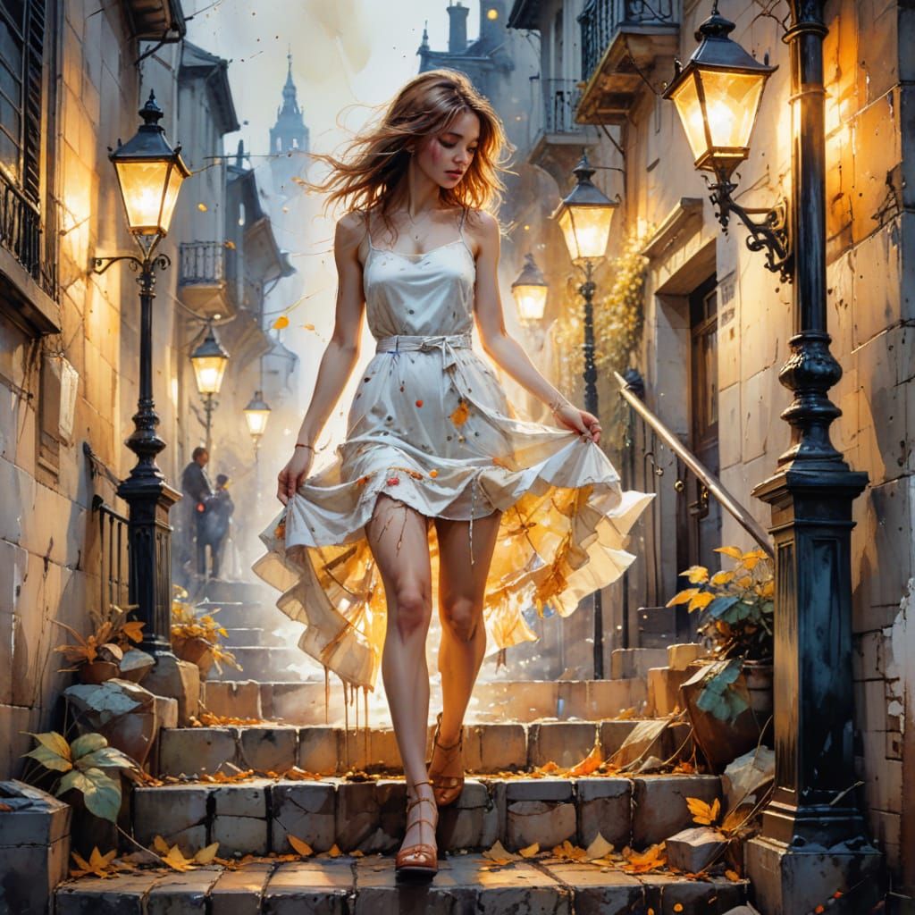 Whimsical Watercolor: Woman Meets Stranger on Stairs