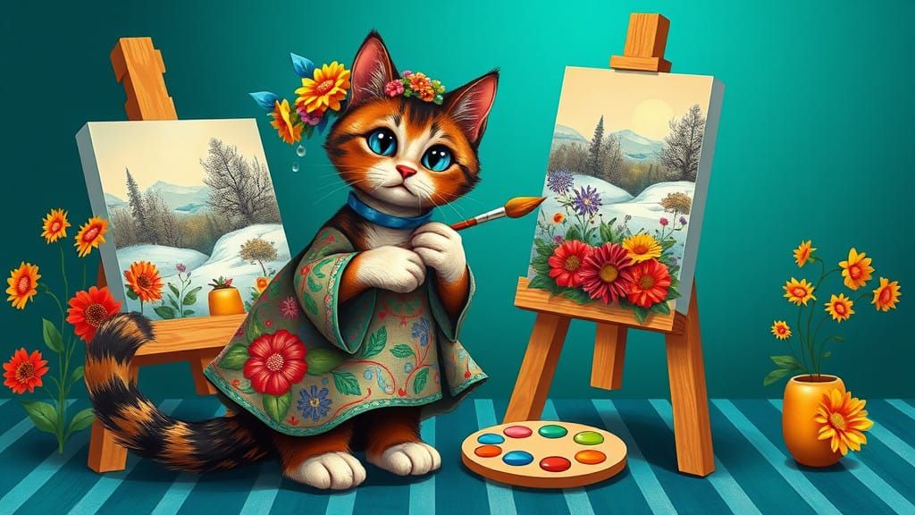 Dreamy Ukrainian Kitty Paints Winter Landscape