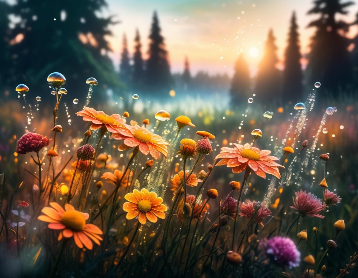 Magical Dewy Meadow in Dreamy Double Exposure