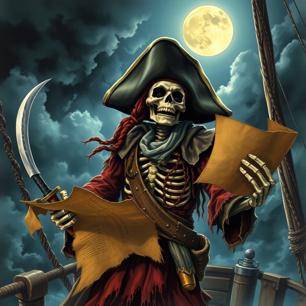 Skeleton Pirate with Cutlass and Map Under Stormy Moon
