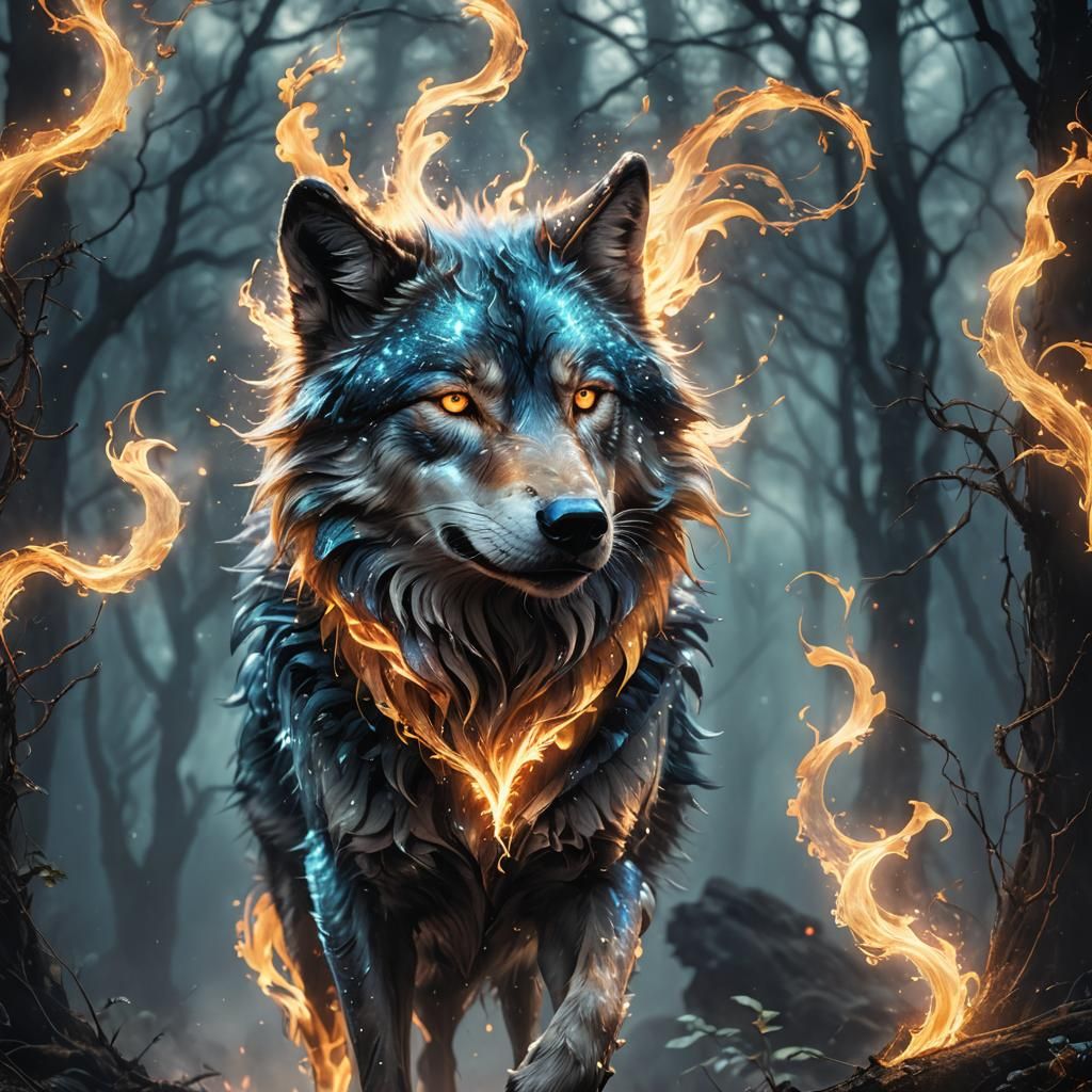 Glowing Wolf in Moonlit Fantasy Landscape
