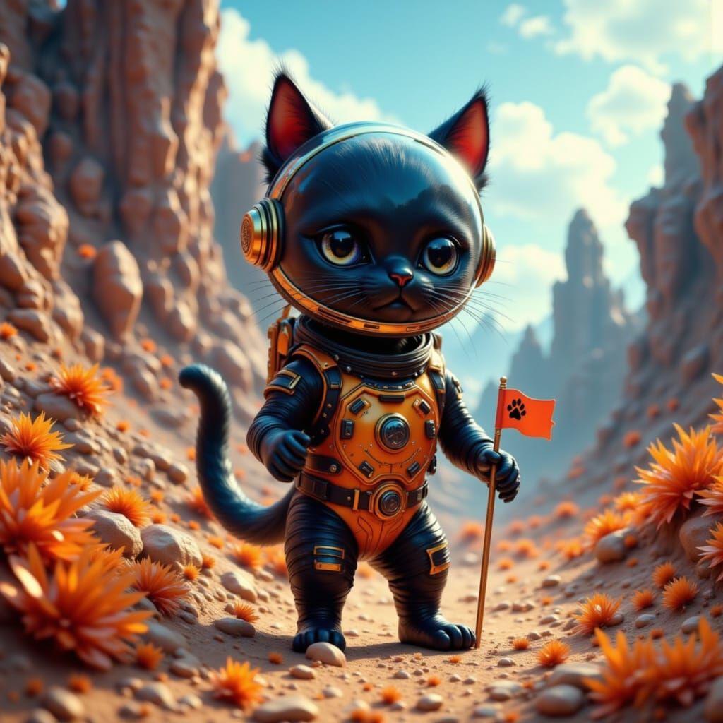 Cat Astronaut on Alien Planet in Cartoon Style