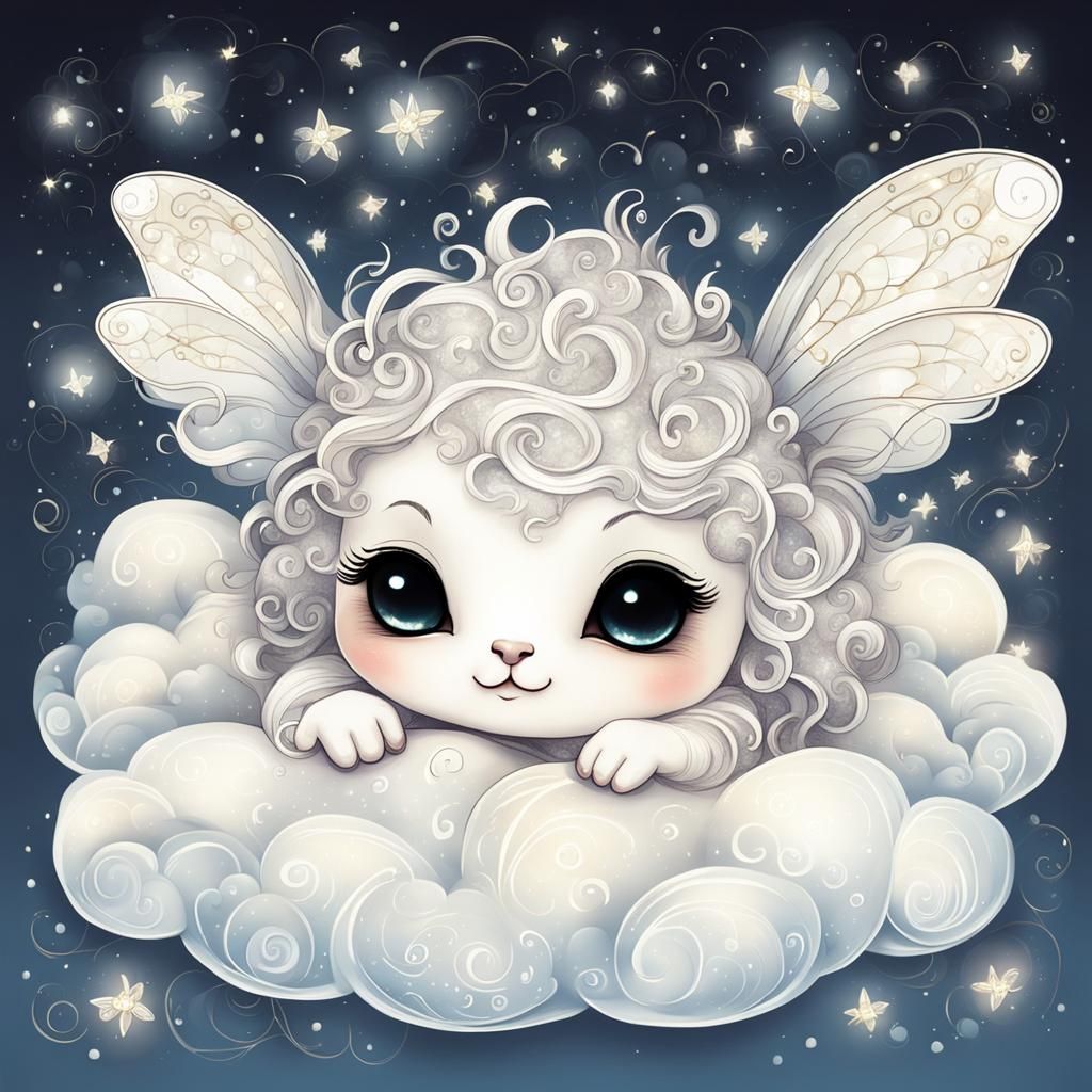 Cute mythical white chibi creature, sleeping on white marshmallow clouds, majestic, adorable. Twinkly eyes. Storybook de...