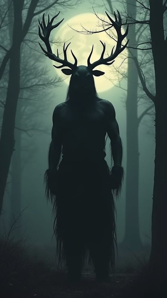Dark Silhouette in Moonlit Forest with Native American War B...