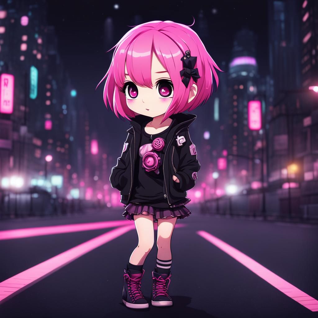 Anime Goth Chibi Girl in Street at Night