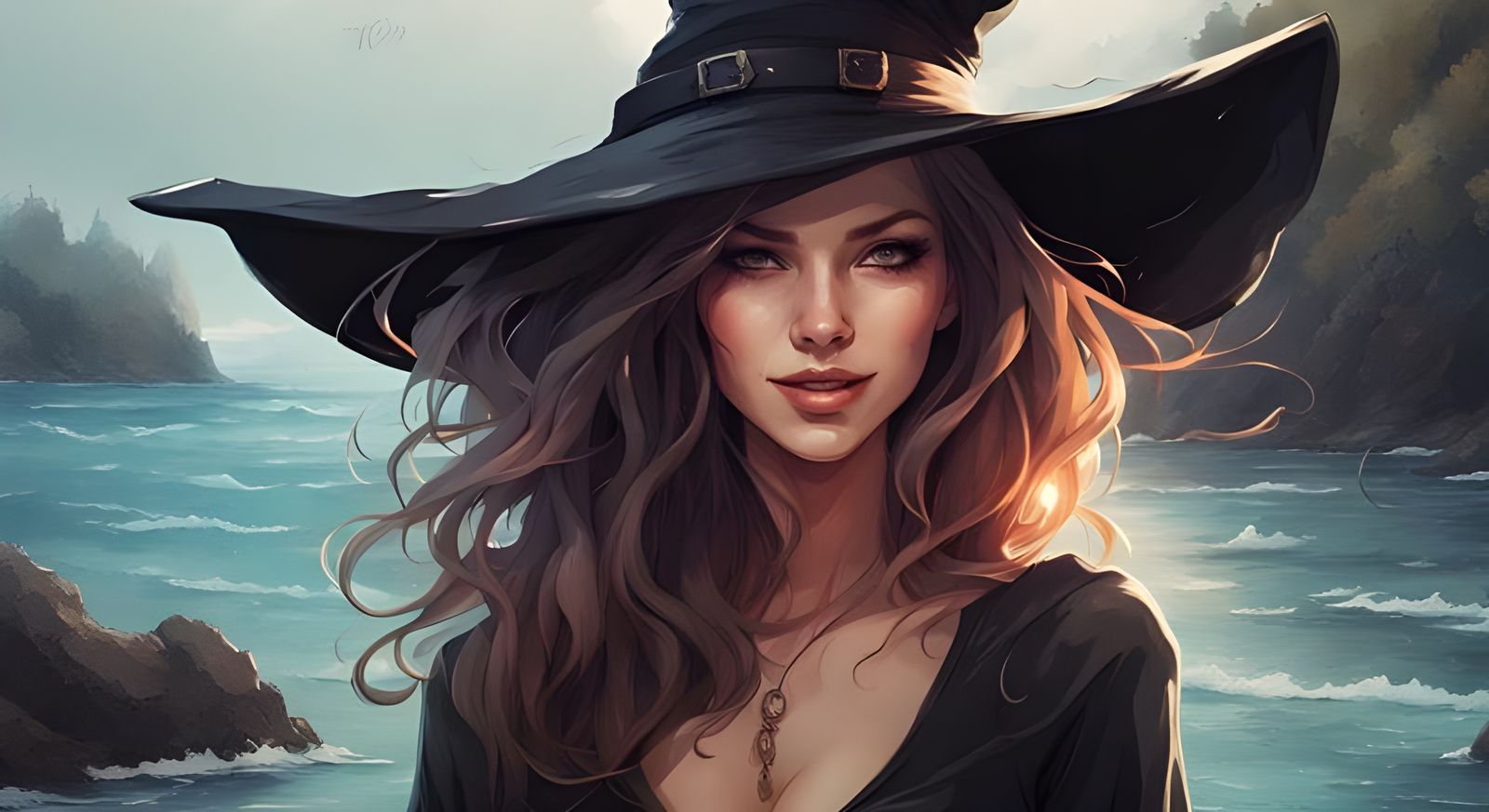 Beautiful Smirking Witch Girl Portrait in Ink