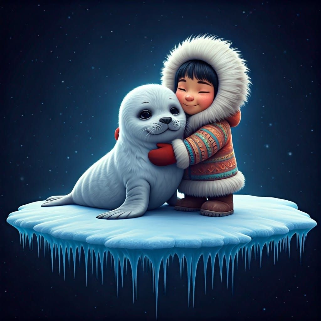 a baby seal on an ice school with a winter jacket and an Esk...