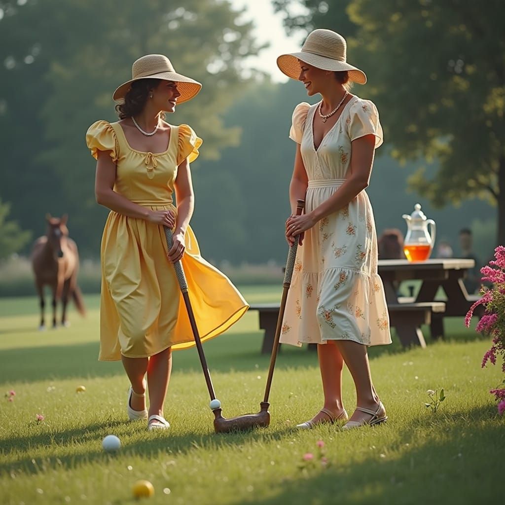 Elegant Southern Belles in Whimsical Croquet Scene, Early 19...