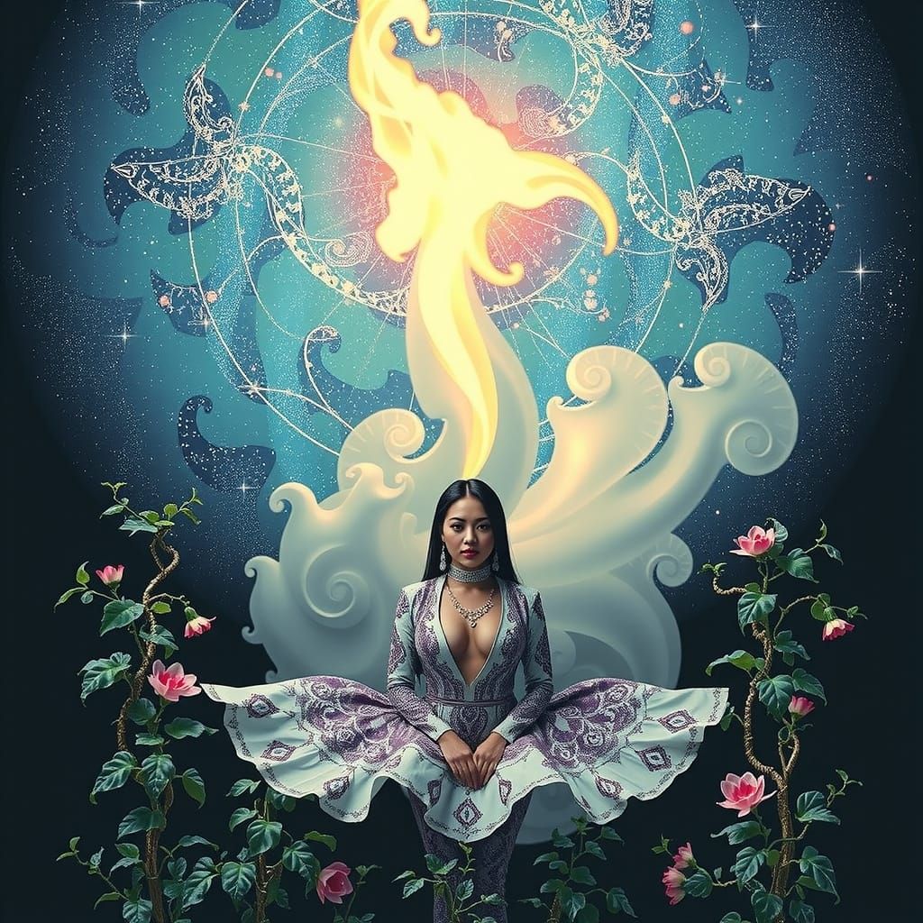 Woman in Starry Night Sky with Fractal Outfit