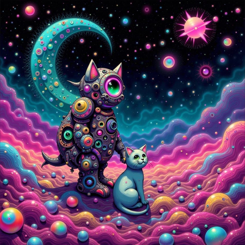 Robot and Cat in Celestialpunk Summer Scene