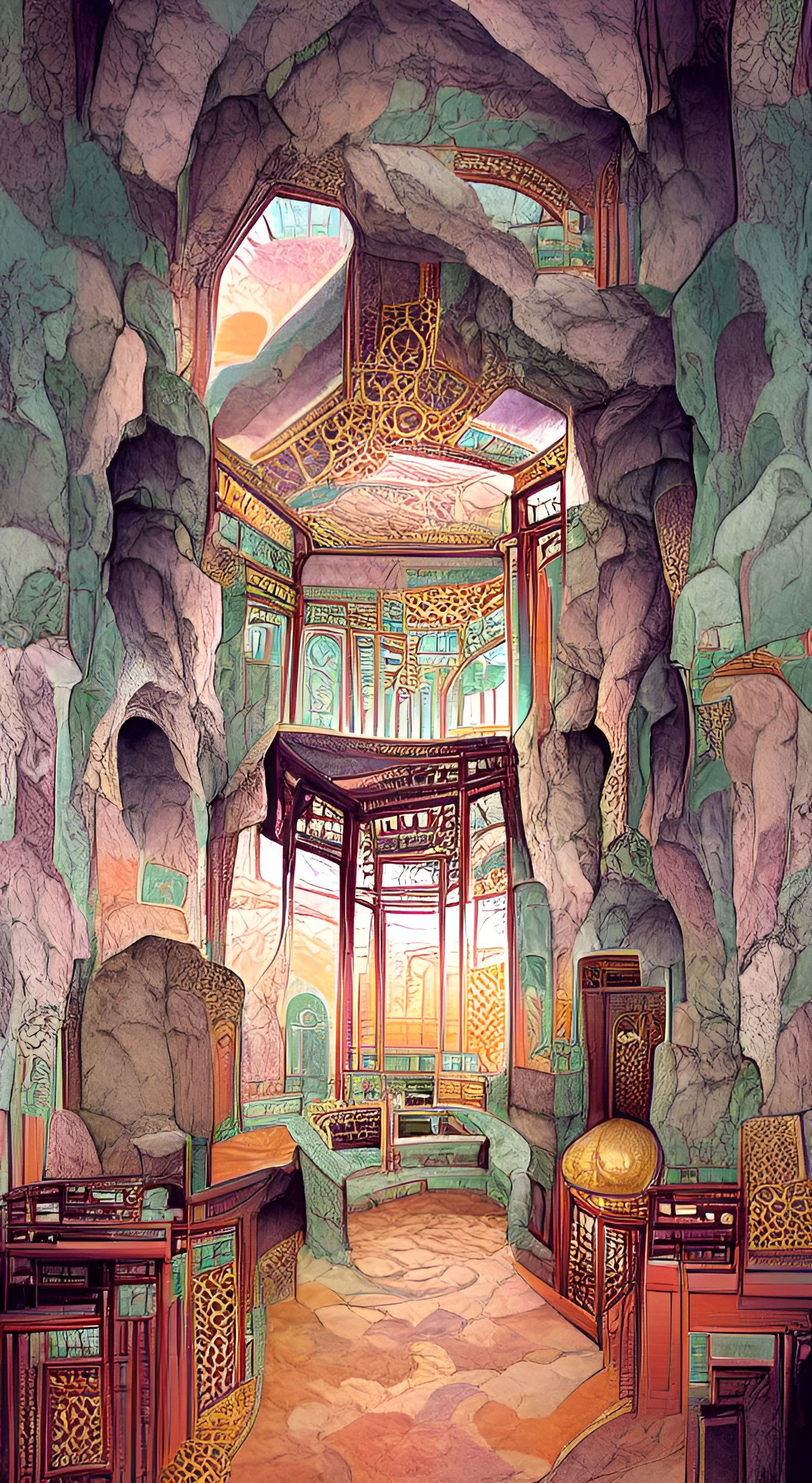 Ornate Art Nouveau Antechamber in Rich Sunset Tones