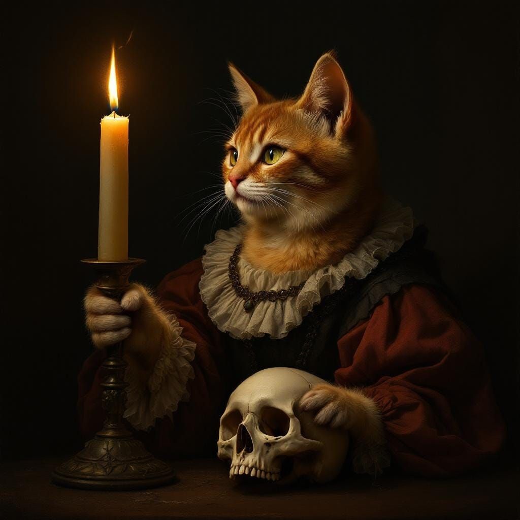 Cat in Tenebrism Style Holding Candle