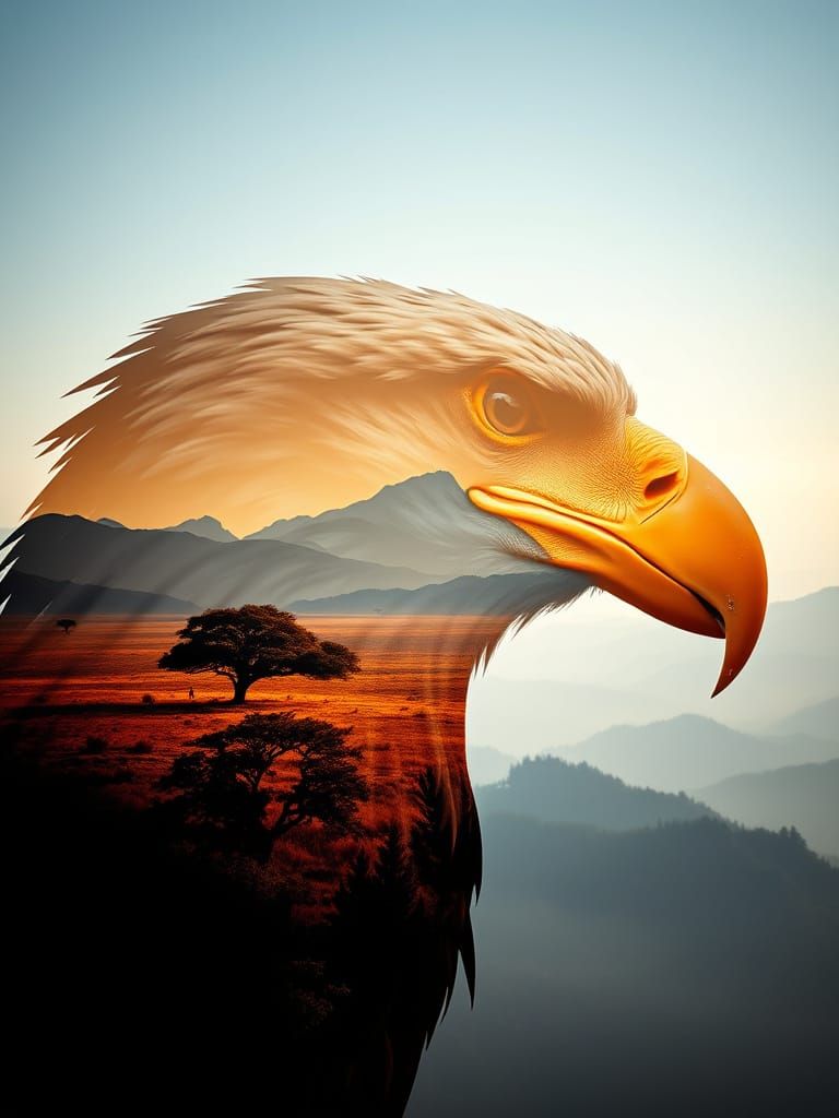 Eagle Silhouette Double Exposure with African Plains