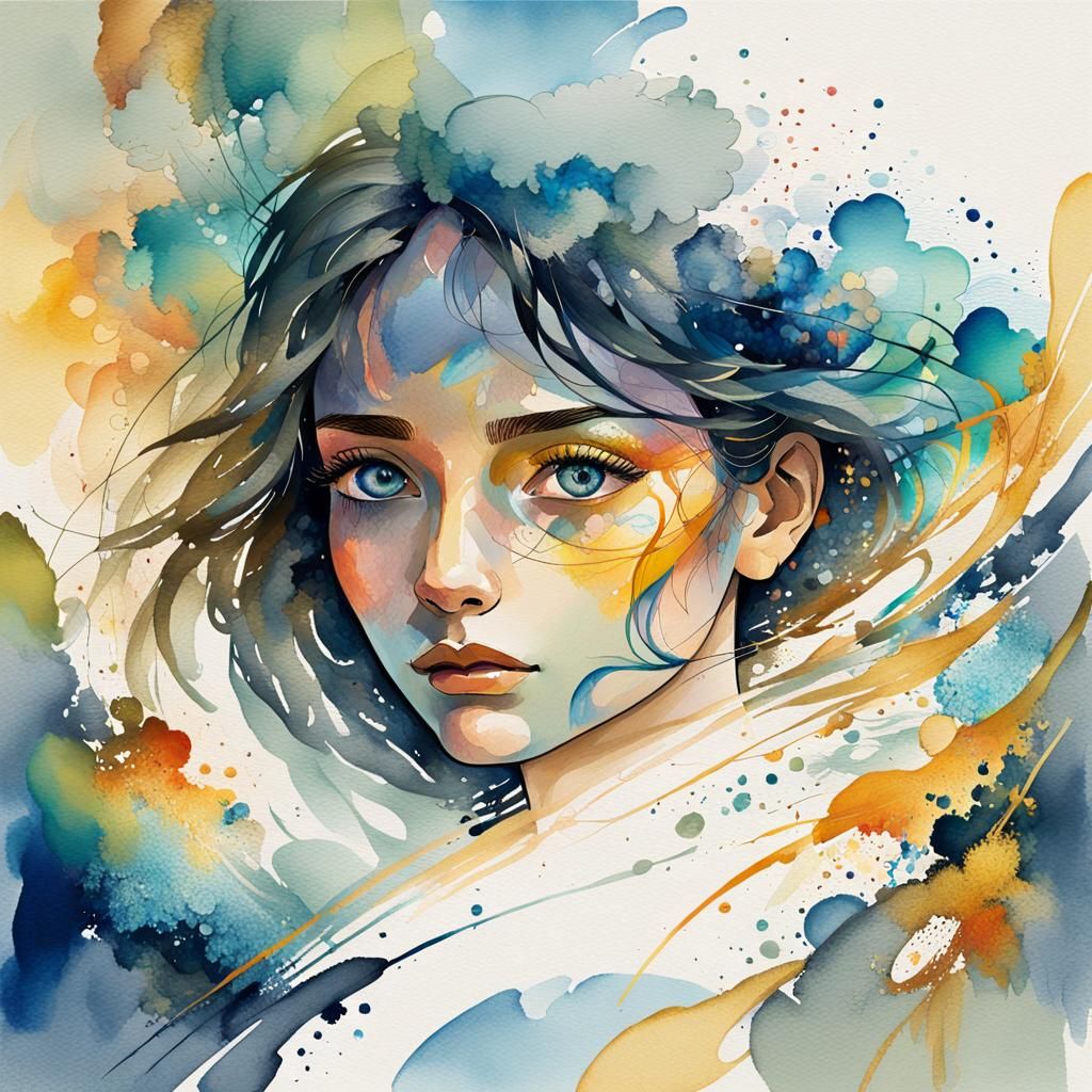 Emotional Duality: Woman's Face in Watercolor Hues