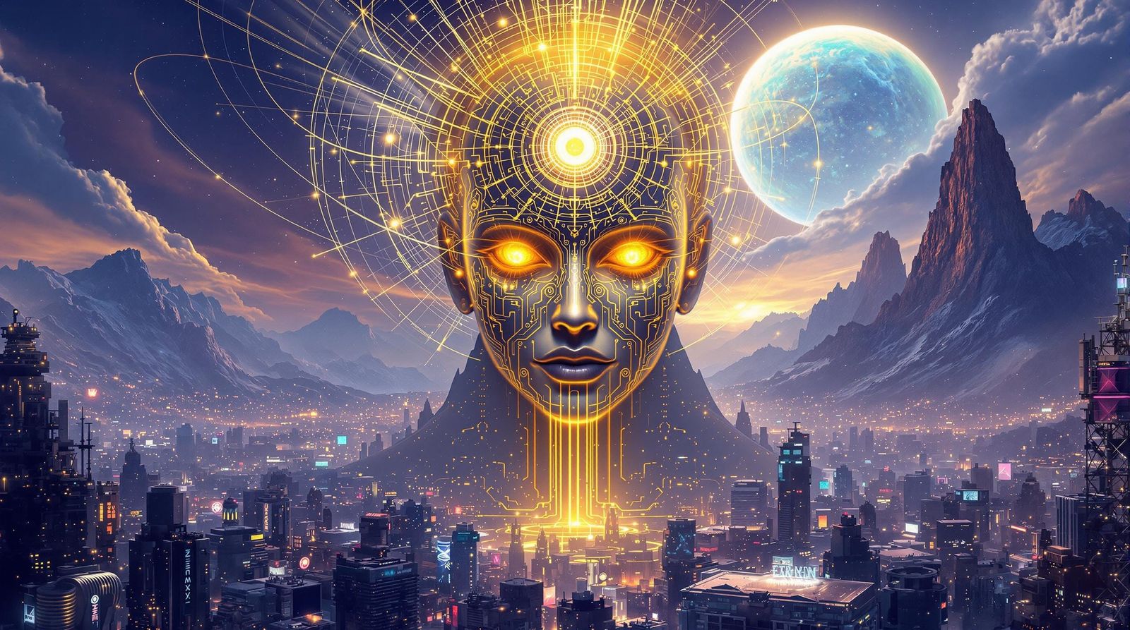 A surreal, futuristic digital painting depicting a cosmic deity