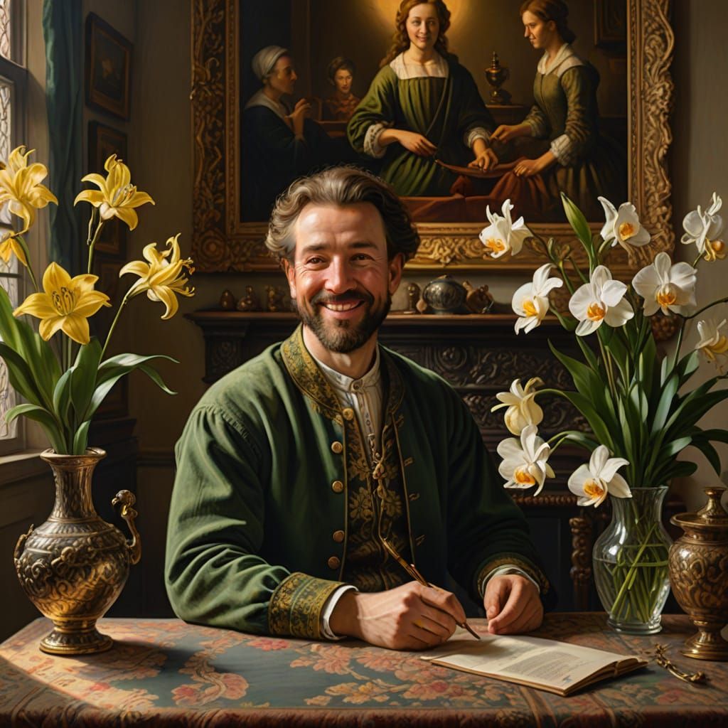 Dutch Golden Age Man in Floral Shirt in Opulent Room