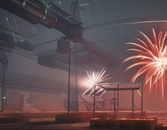 fireworks factory intricate mech details, ground level shot, 8K resolution, Cinema 4D, Behance HD, polished metal, Unrea...