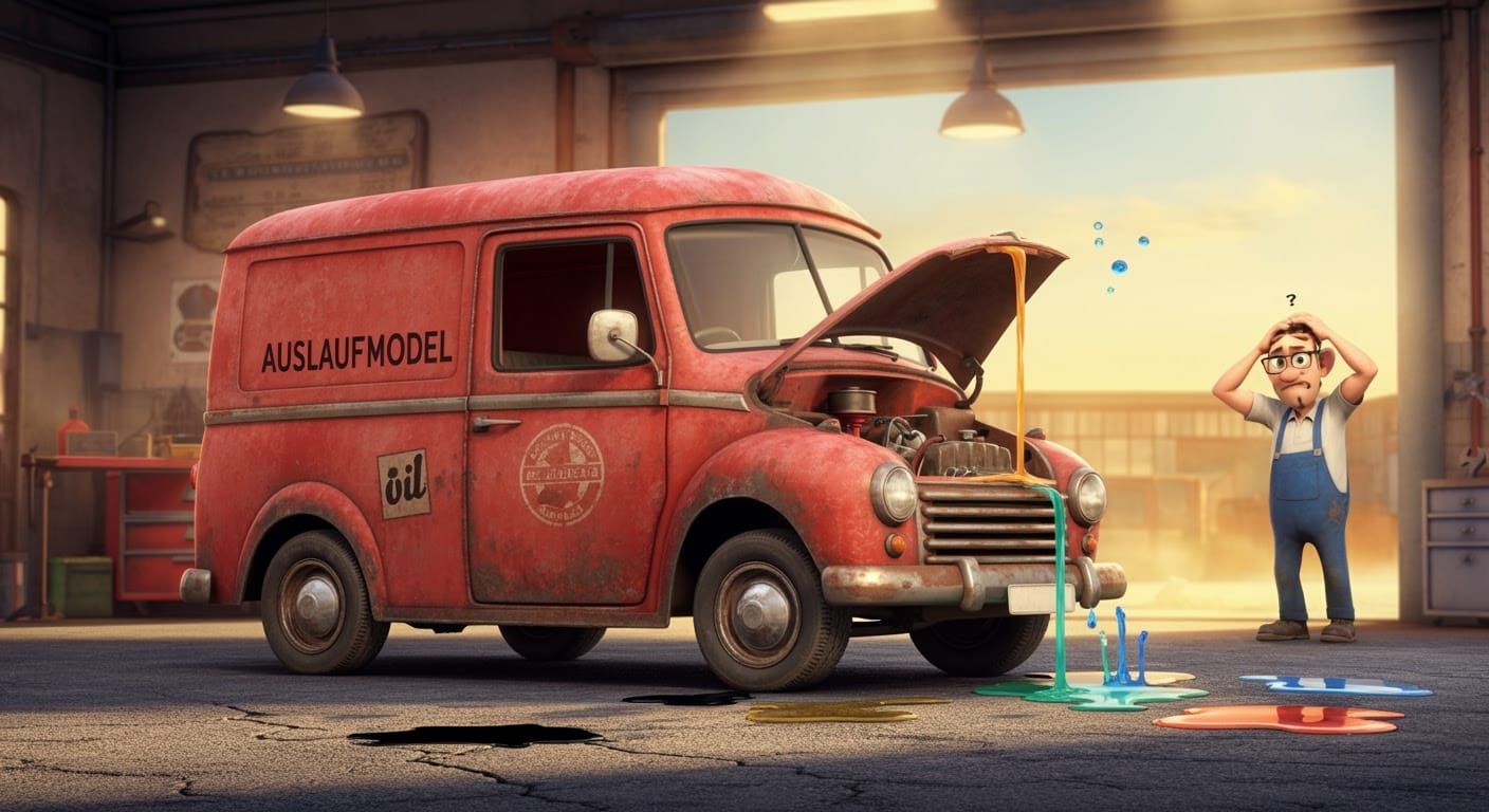 Rusty Van Leaking Rainbow in Pixar Style
