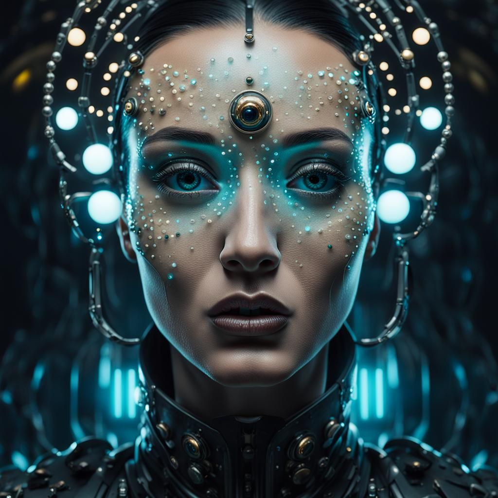 Cyberpunk Woman Selfie with Mechanical Braids and Jewels