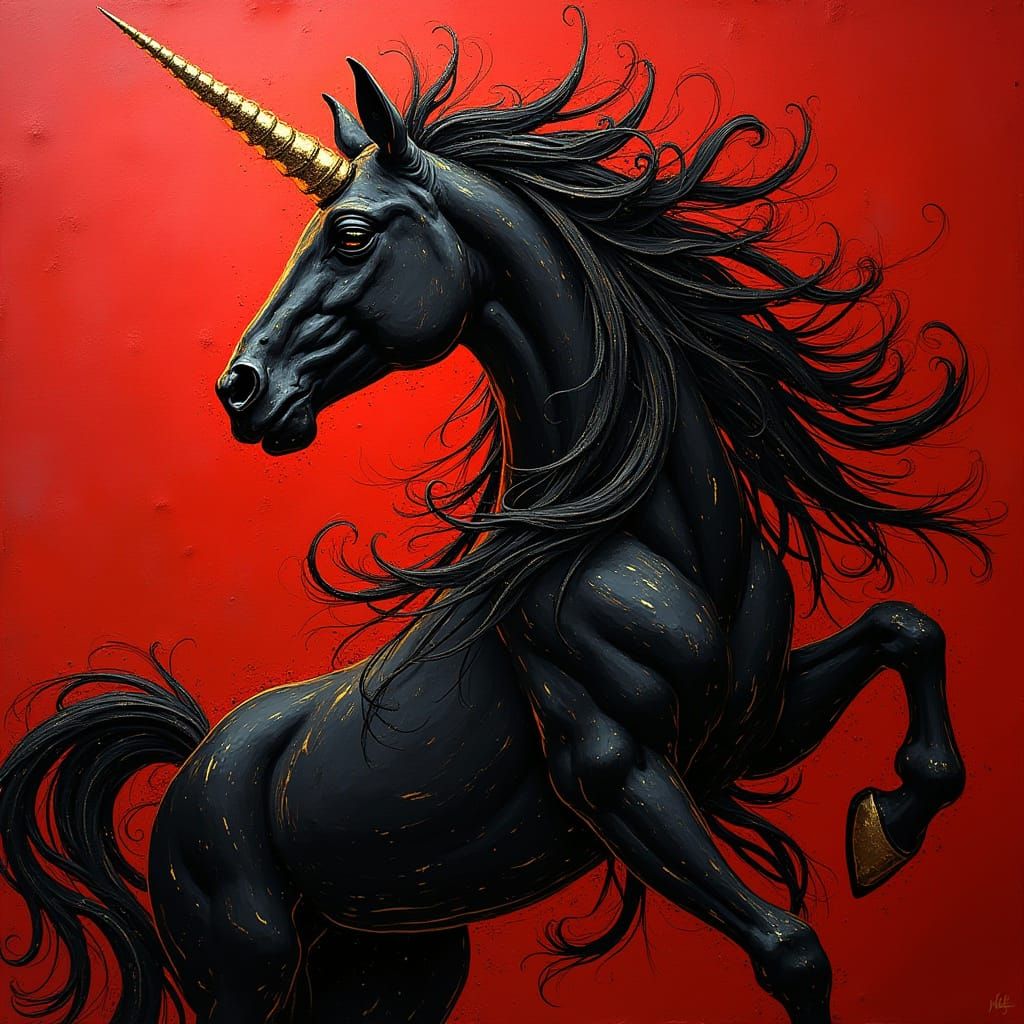 Black Unicorn with Gold Trim in Abstract Style